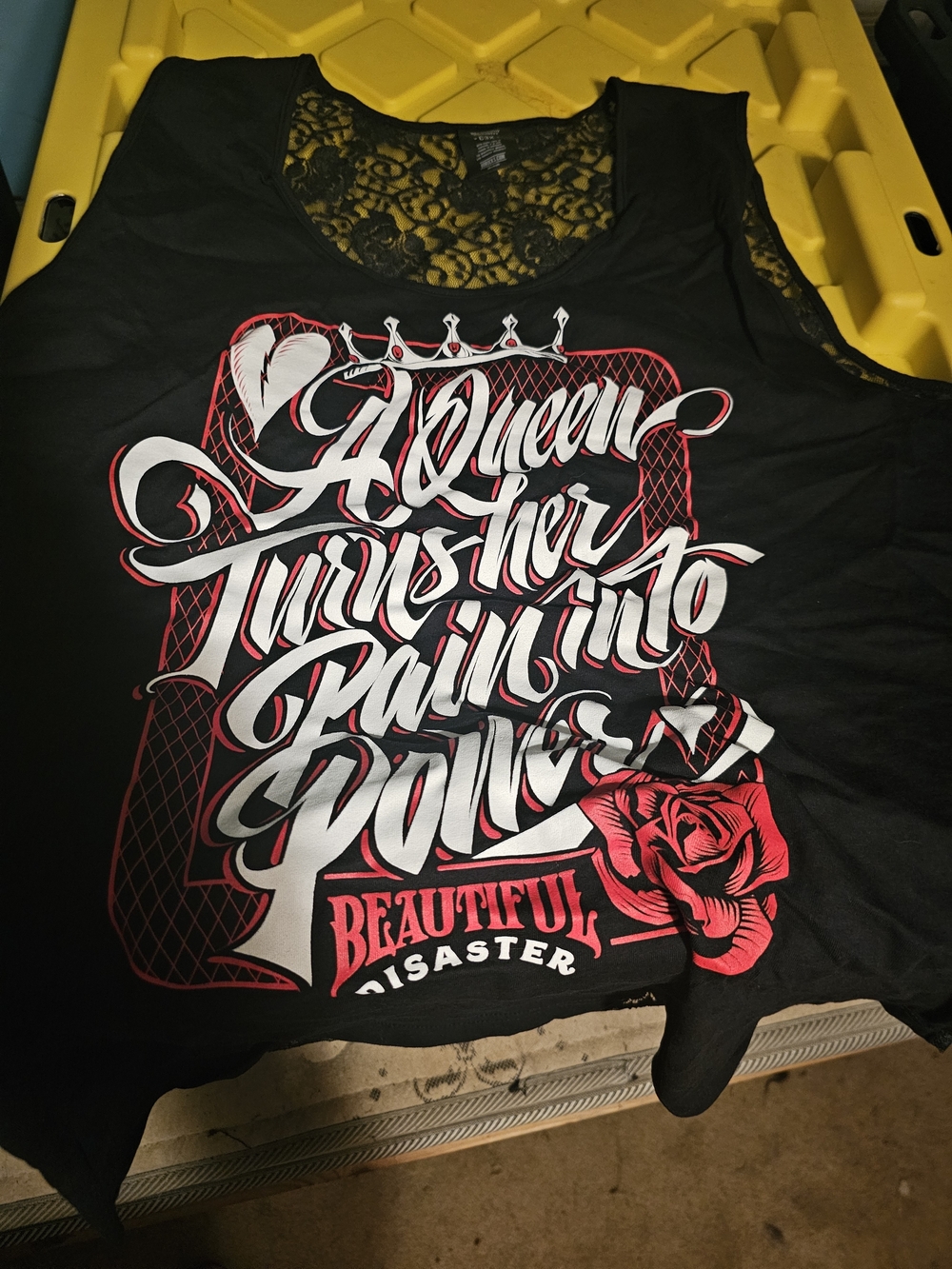 Black Graphic Lace-Back Tank Top with Red Rose Detail